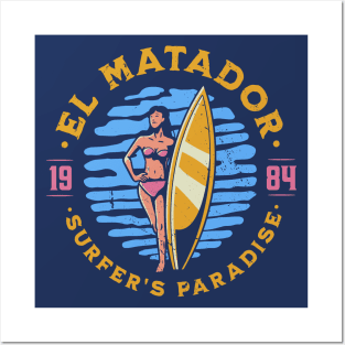 Vintage El Matador, California Surfer's Paradise // Retro Surfing 1980s Badge Posters and Art